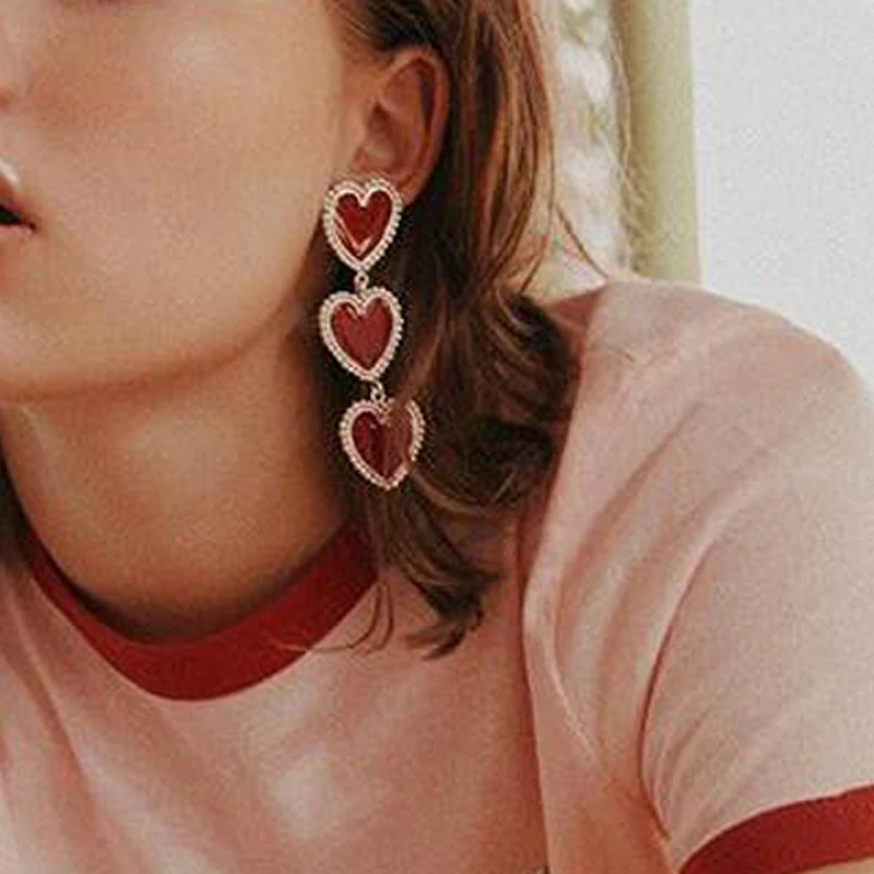 Docona Trendy Three Red Heart Drop Earrings for Women Female Long Simple Charming Pendant Dangle 8733 | Украшения и аксессуары