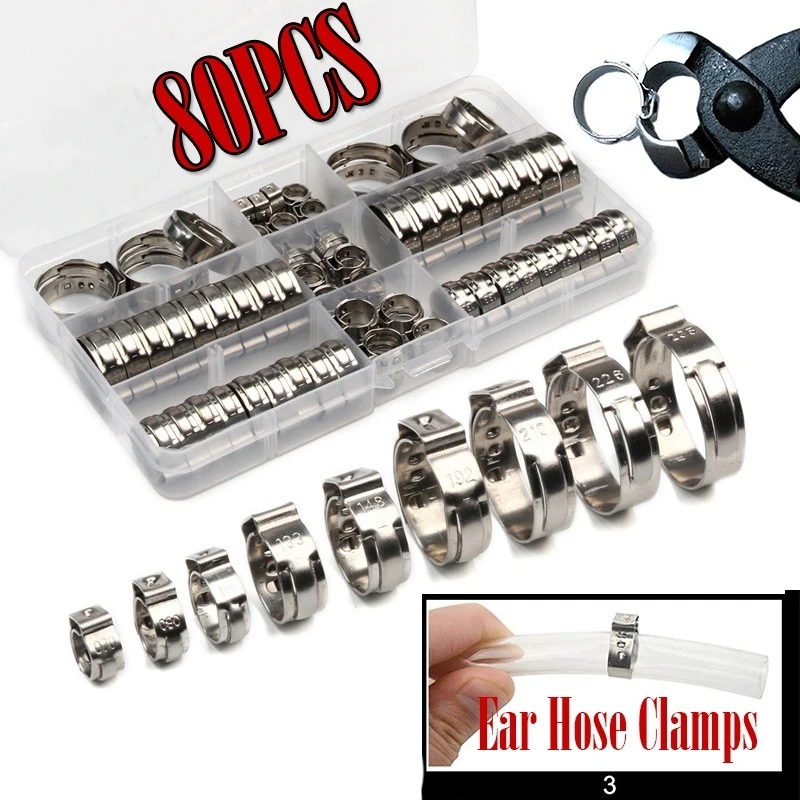 

45/80/130pcs Single Ear Stepless Hose Clamps 5.8-23.5mm Stainless Steel Hose Clamps Cinch Clamp Rings for Sealing Kinds of Hose