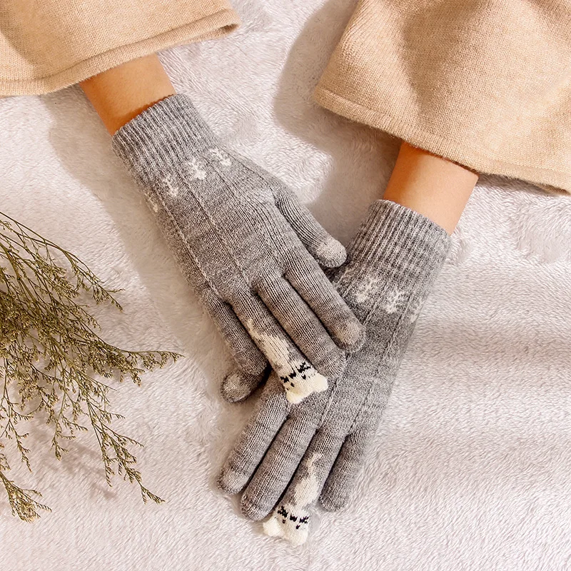 

Warm Gloves Lady Winter Touch Screen Cold Proof Warm Thickened Knitting Wool Fluffy Cute Cat Playing Mobile Phone Trade Gloves