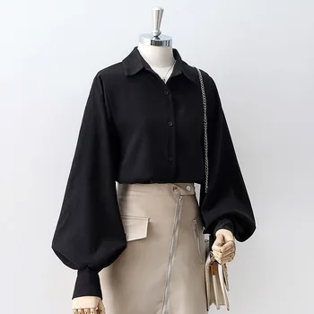 

New Elegant Women Blouse Lantern Long Sleeve Tops Shirts Blouse Fashion White Black Blue Ladies Shirt Female Blusas Clothing