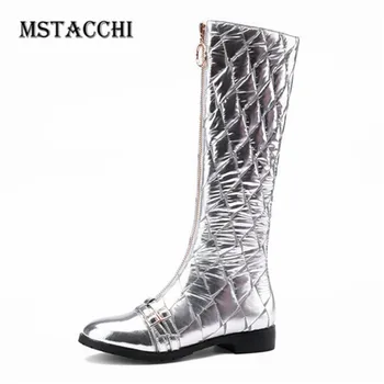 

Mstacchi Women Round Toe Leather Belt Buckle Sewing Long Boots Leisure Flat With Winter Zipper Metal Decoration Girl Thigh Boots