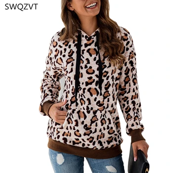 

Leopard Pocket Women Sweatshirts Casual Loose Warm Hoodies Sweatshirts Women Long Sleeve Overcoat Outwear Ladies Pullovers