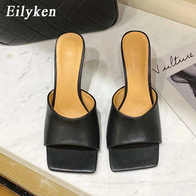 Black Eilyken/Новинка года; Летние удобные женские туфли без задника из искусственной кожи с квадратным носком на высоком каблуке; модные вечерние женские туфли - Цвет: Black