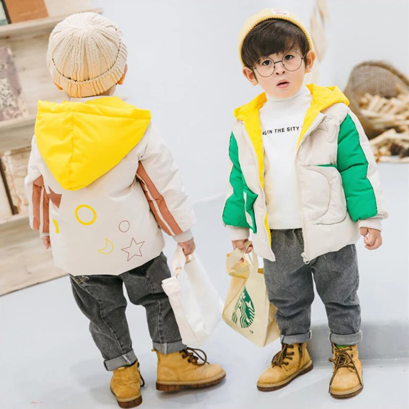 

KISBINI Winter Down Jacket Coat For Boy Girls Kids Cartoon Star Stitching Pocket Snowsuit Thicken Warm Children Clothing 2019