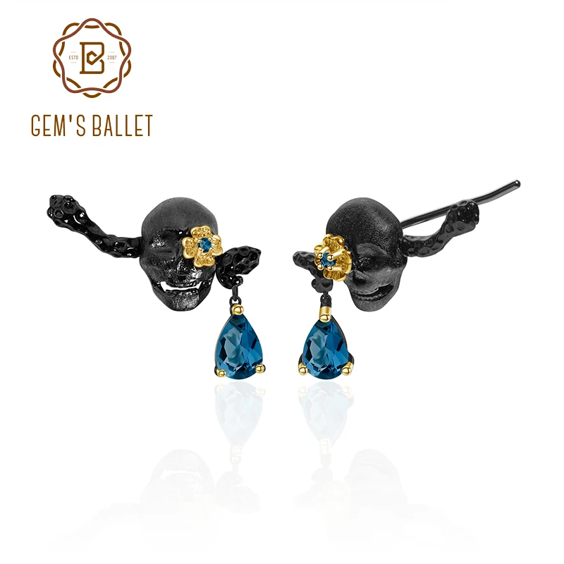 GEM'S BALLET 1.26Ct натуральный Лондонский голубой топаз серьги гвоздики 925 пробы серебро ручной работы череп серьги для женщин хорошее ювелирное изделие