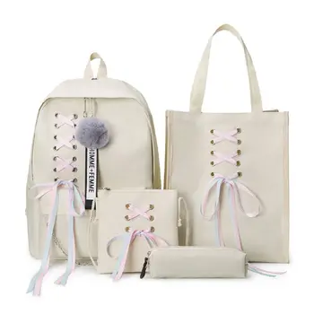

4Pcs/Set Ribbon Chain Bowknot Letter Canvas Backpack Travel Rucksacks Daypack For Teenage Girls School Bagpack