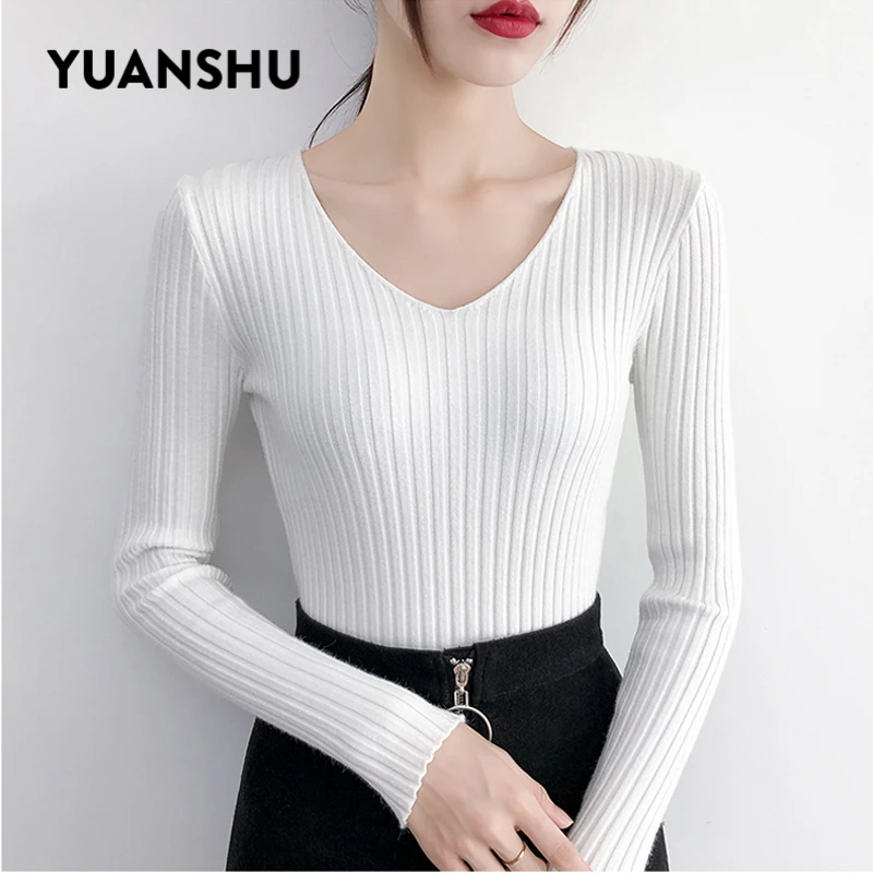 YUANSHU Spring Soft Sweater Women Jumper V Neck Slim Elasticity Knitted Pullover Female Long Sleeve Autumn Basic Knitwear Tops