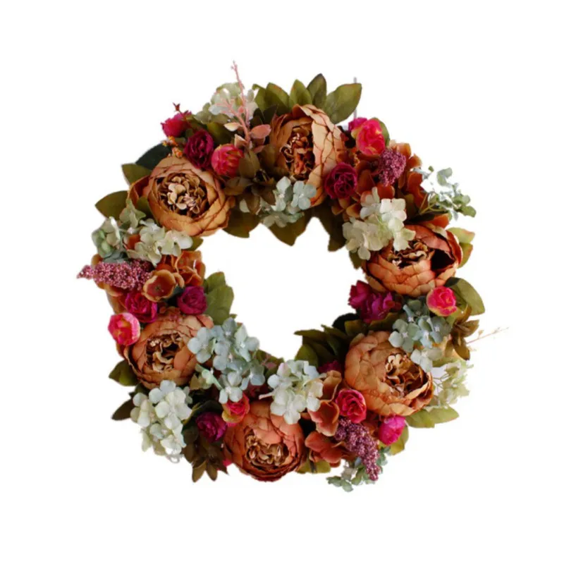 Artificial Peony Flower Wreath With Green Leaves For Front Door Window Wall Wedding Home Decor
