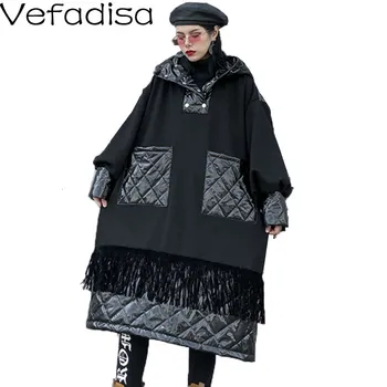 

Vefadisa Patchwork Hooded Sweatshirt Dress Woman 2019 Winter Casual Tassel Pullovers Sweatshirt Dress Black Loose QYF1590