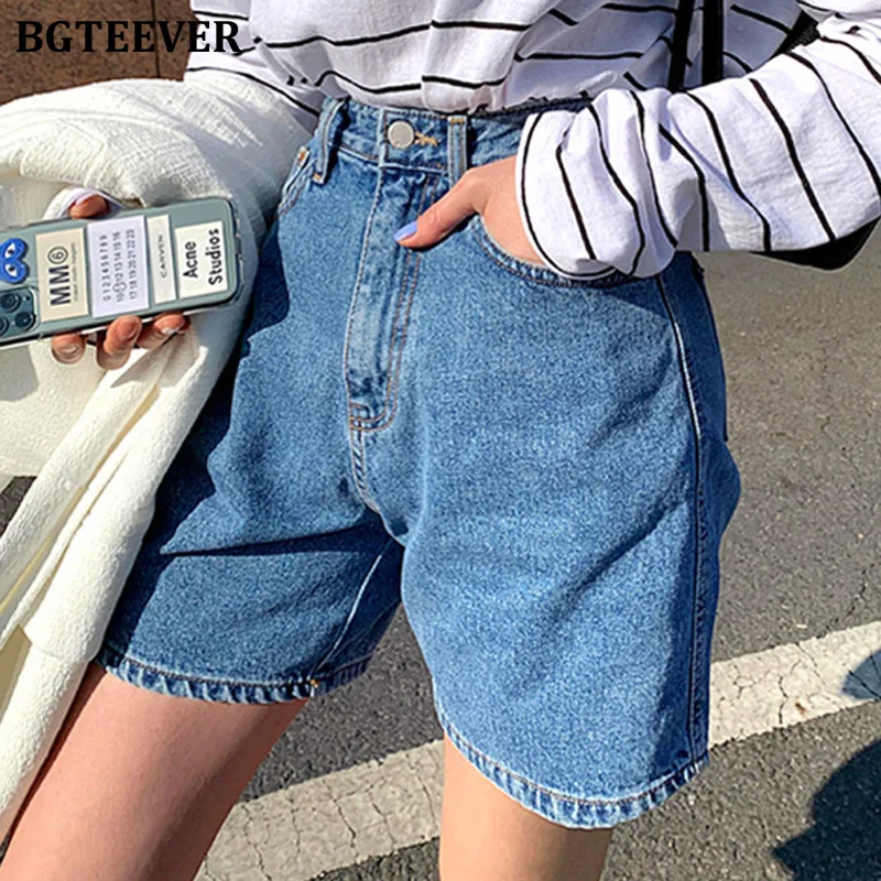 BGTEEVER Casual High Waist Straight Jeans Shorts Summer Pockets Loose Female Blue Denim Shorts Ladies High Street Bottoms 2020 1