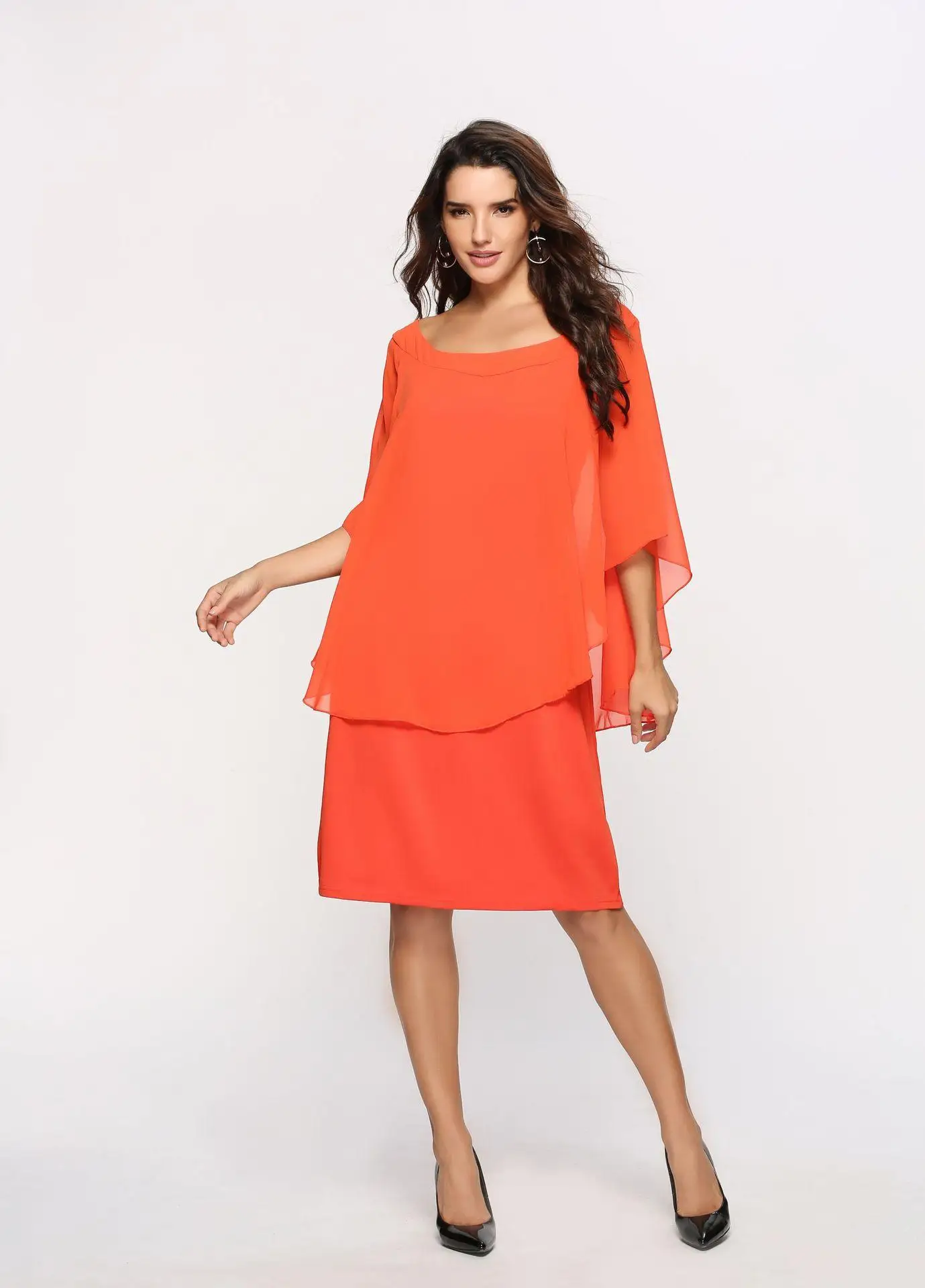 S-2XL, Осеннее шифоновое платье размера плюс, одежда с рукавом летучая мышь, свободное женское платье большого размера, длина до колена, повседневное пляжное платье большого размера