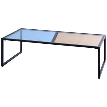 

Living Room Rectangular Coffee Table with Tempered Glass Top Glass Iron Frame Blue Tan Living Room Home Coffee Table HW57282