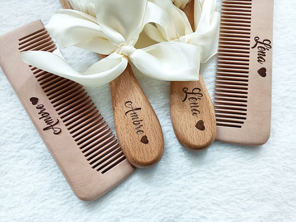 Baby Hair Brush Comb Name Baby Bathing Comb Baby Care Hair Brush Pure Natural Wool Wood Comb Newborn Massager Shower and Registry Gift