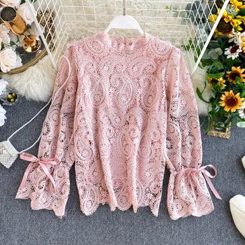 

Women New Fashion Hollow Long Flare Sleeve Korean Loose Clothing Lady Solid Color Elegant Blouse Tops L683