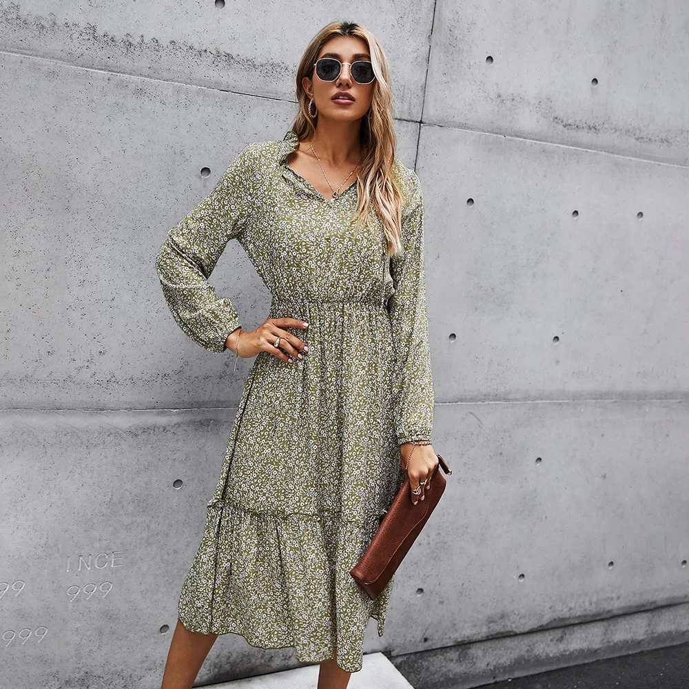 

2020 Fall/winter Women's Dress Waist Long-sleeved Floral Skirt V-neck A-line Temperament Commuting