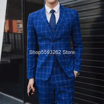 

Blue Suit Men Slim Fit Handsome Leisure Counter Dad Pack Plus Fat Plus Suit Three-piece Set