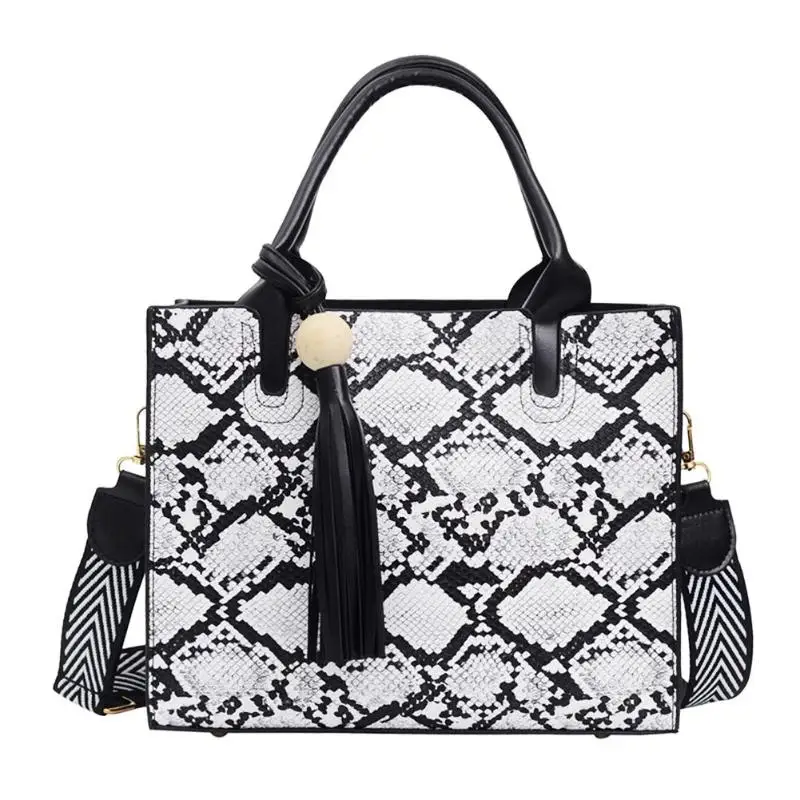 Портативные сумочки из искусственной кожи со змеиным принтом, женская сумка на плечо для ежедневных покупок, женские сумки с кисточками, вместительные сумки - Цвет: White