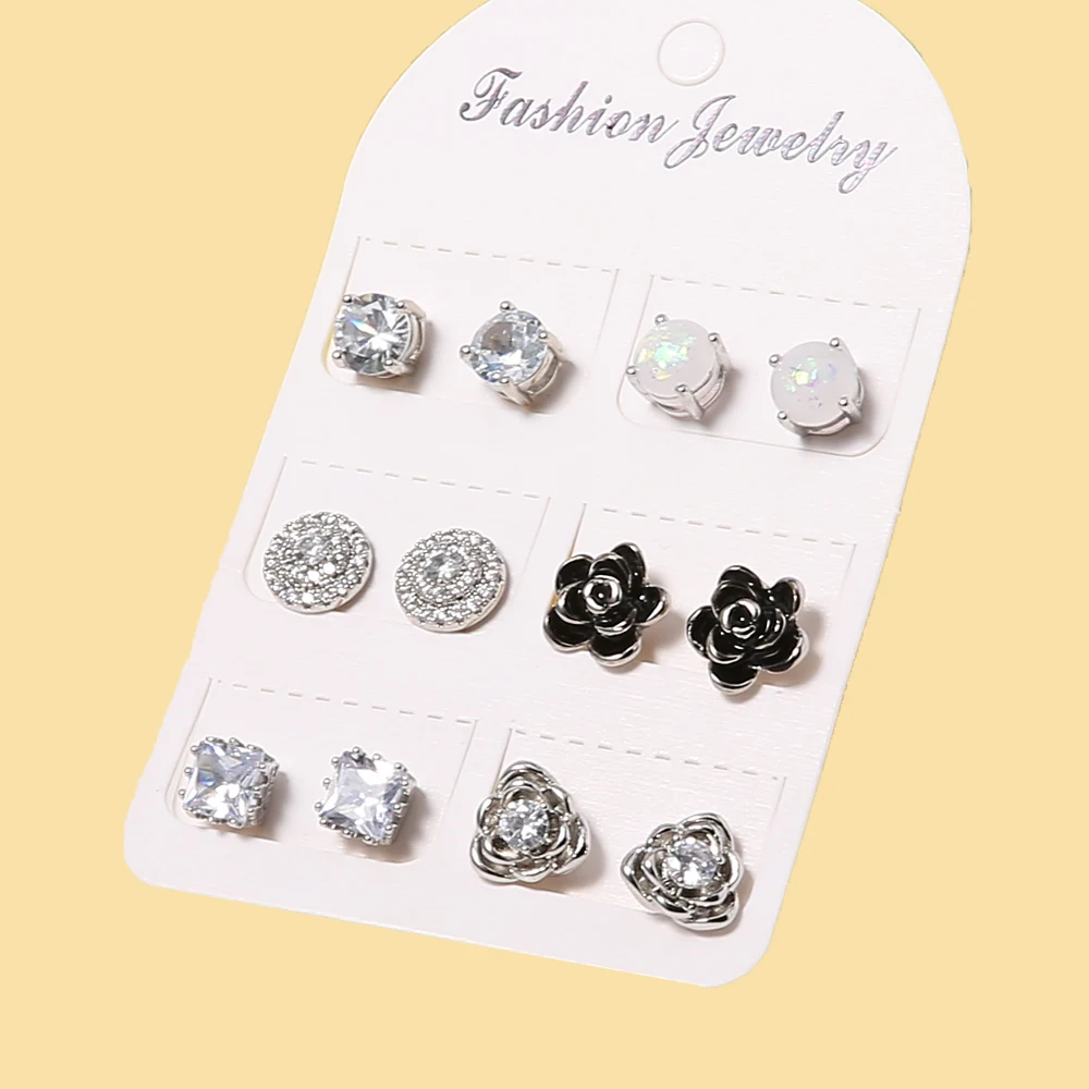 

High Quality Flower Stud Earrings Set Clear Cubic Zircon Copper Stone Plant Ear Clip for Women Wedding Anniversary Jewelry Gift