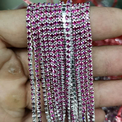 1yard/piece 30colors glass crystal Rhinestone Chain,silver bottom sew on Cup Chains For diy Garment Bags decorations Deep Magenta