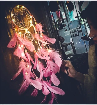 

Wall Dreamcatcher diy Led Copper wire Fairy light Handmade Feather Dream Catcher Wind Chime For Girls Room Home Decoration Gift