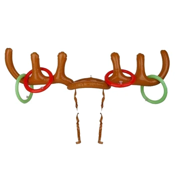 

New Christmas Party Toss Game Inflatable Reindeer Antler Hat with Rings Family Kids Office Xmas Fun Games