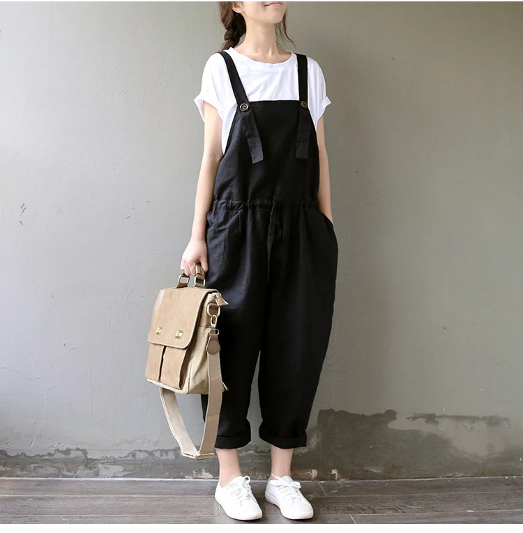 Spring and Summer Literature Cotton Trousers Plus Size Casual Black Overalls Pants Women Slim Wide Leg Harem Pants AH201