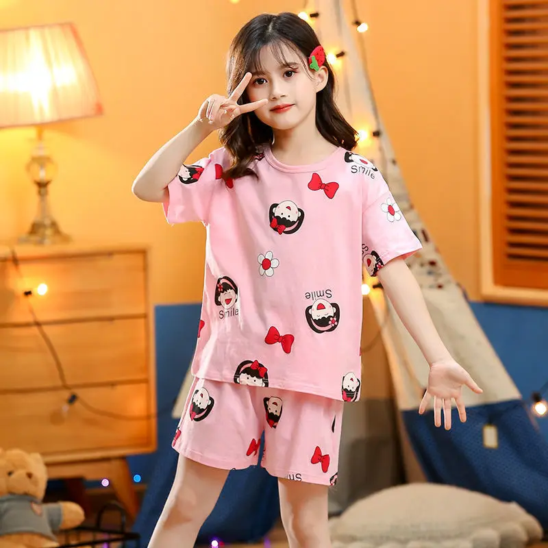 cotton nightgowns Baby Girl Pajama Sets Summer Pyjama Boy Short Sleeve Pijama Top Pants 2pcs Children Sleepwear Duck Cartoon Korea Kids Night Wear baby girl nightgowns