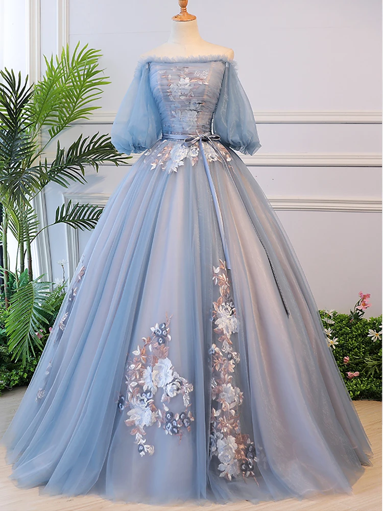 Это Yiya свадебное платье Элегантное голубое свадебное платье с рукавами-фонариками es с кружевным бантом; большие размеры; Длина до пола; Robe De Mariee CH069