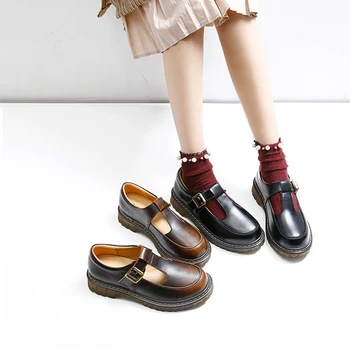 

Vintage Women Mary Jane Shoes Genuine Leather Breathable Spring Autumn Women's Leather Casual Shoes Round Head Uniform Shoes