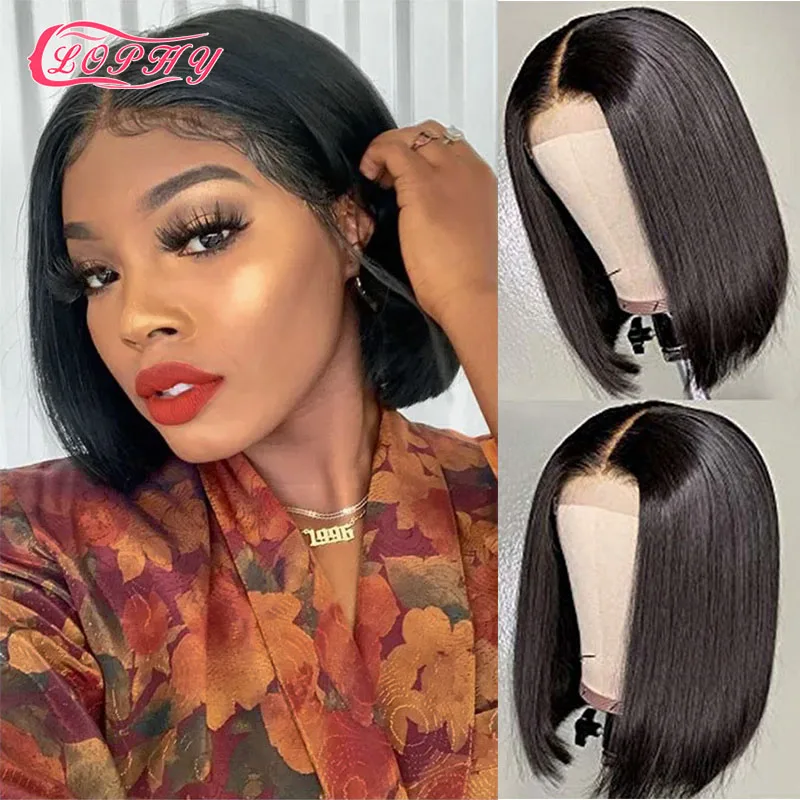 4*4 fechamento do laço peruca curta bob perucas de cabelo humano corte sem corte bob peruca de cabelo humano pré-plucke peruca reta brasileira para preto
