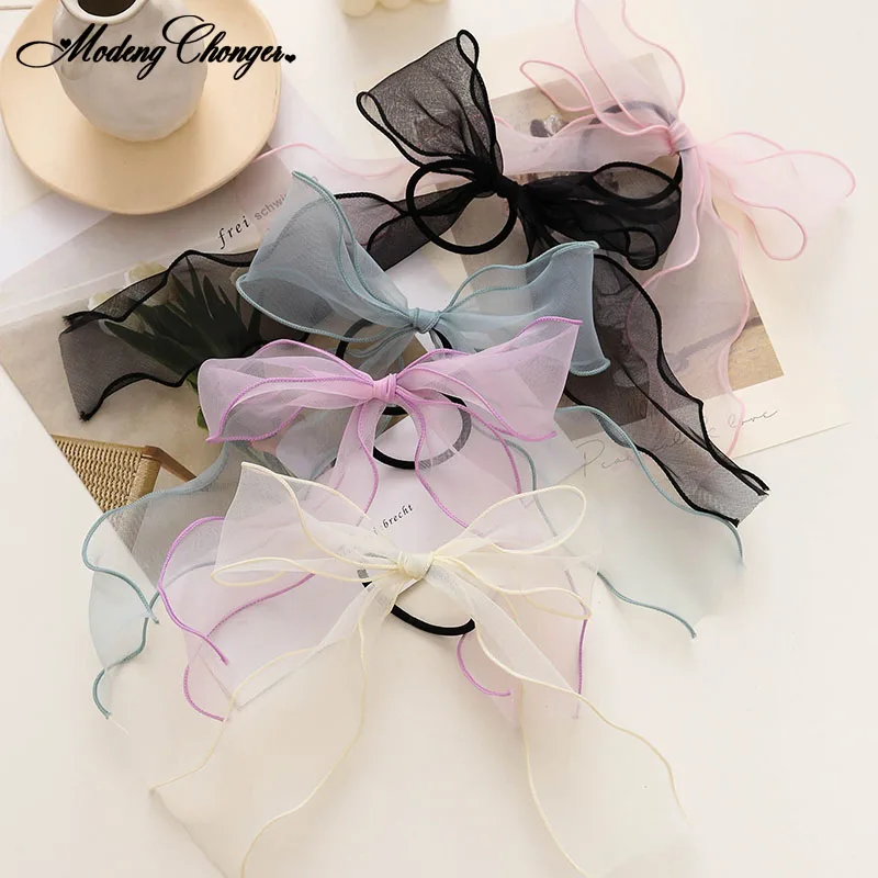 1PC Fashion Elastic Hair Bands Super Fairy Barrette Bow Organza Girls Lace Hair Rope Summer Streamer Headband Hair Accessories lace hair band fairy girl mori style super fairy streamer headband women s hair tie braided hair headwear ribbon headband female