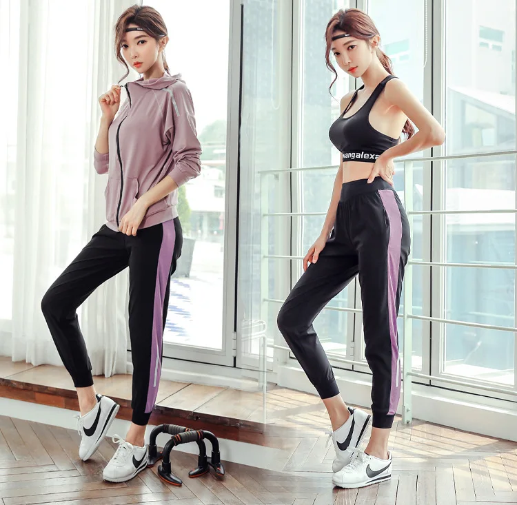 purple Комплект из 3 предметов для женщин, для йоги, свободная куртка на молнии, толстовка+ бюстгальтер+ штаны, для бега, фитнеса, бега, спортзала, спортивная одежда, спортивный костюм - Цвет: purple
