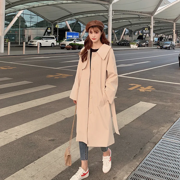 Peter Pan Collar Lace-up Waist Hugging over-the-Knee Mid-length Trench Coat