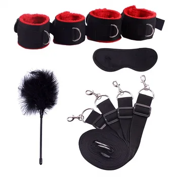Sex Handcuffs With Blindfold and Flirting Feather Stick BDSM Bondage Set Under Bed Erotic Sex Toys for Women Couple Adult 3