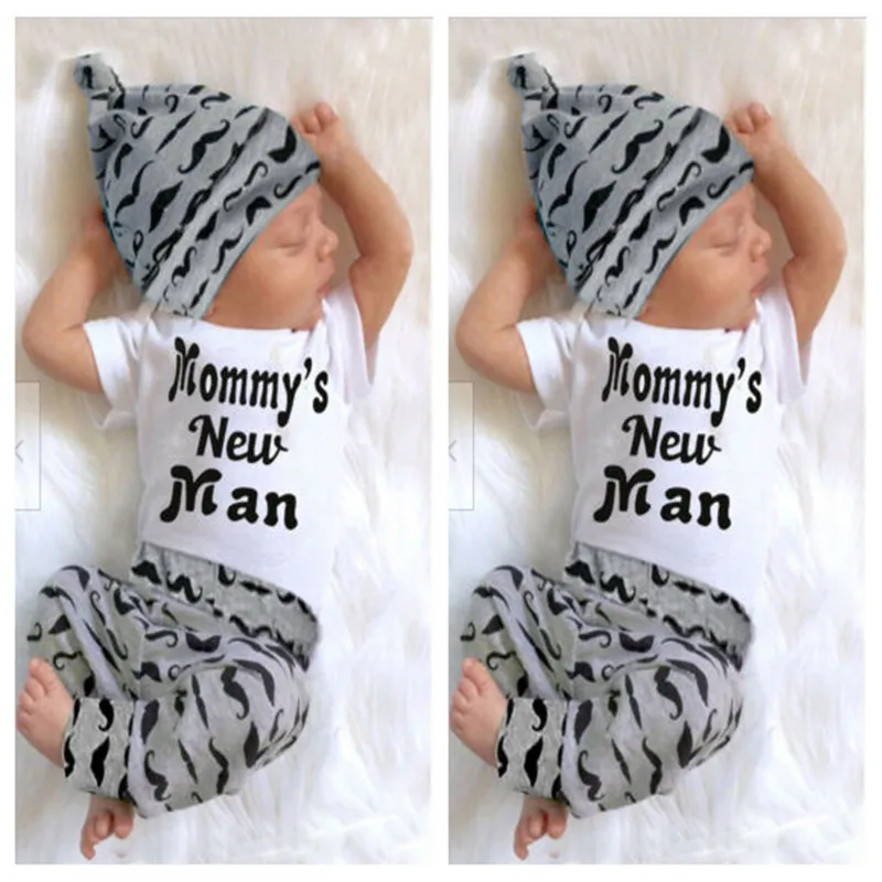 Cute Infant Baby Boy Clothes Sets 2020 Summer Lovely Mommy's New Man Mustache Print Bodysuit Tops+Long Pants+Hat Outfits A0029