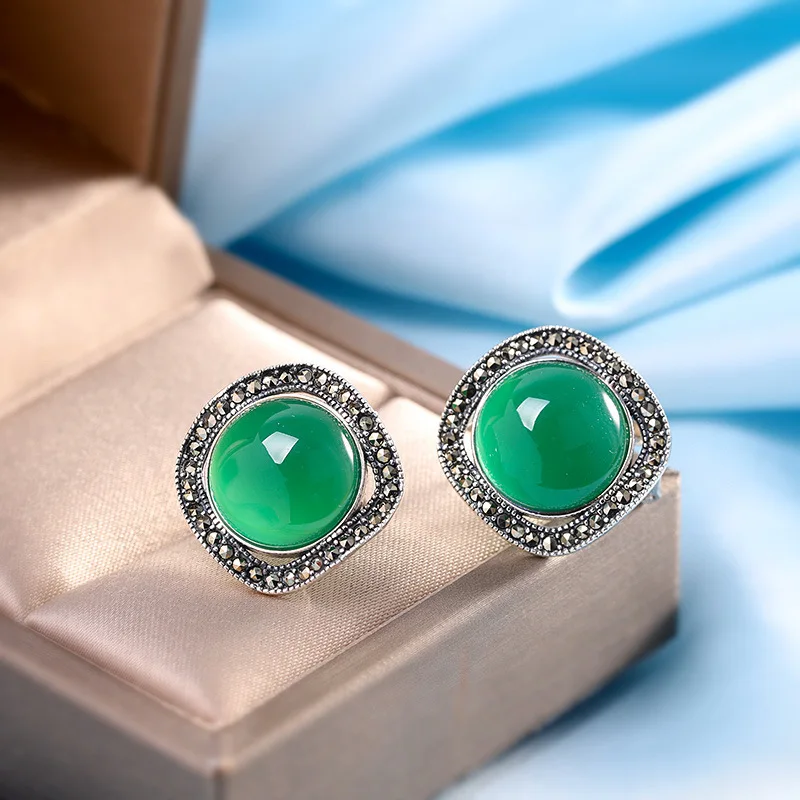 

silver precision earrings wholesale S925 pure silver jewelry women's green chalcedony Earrings cross-border atmosphere