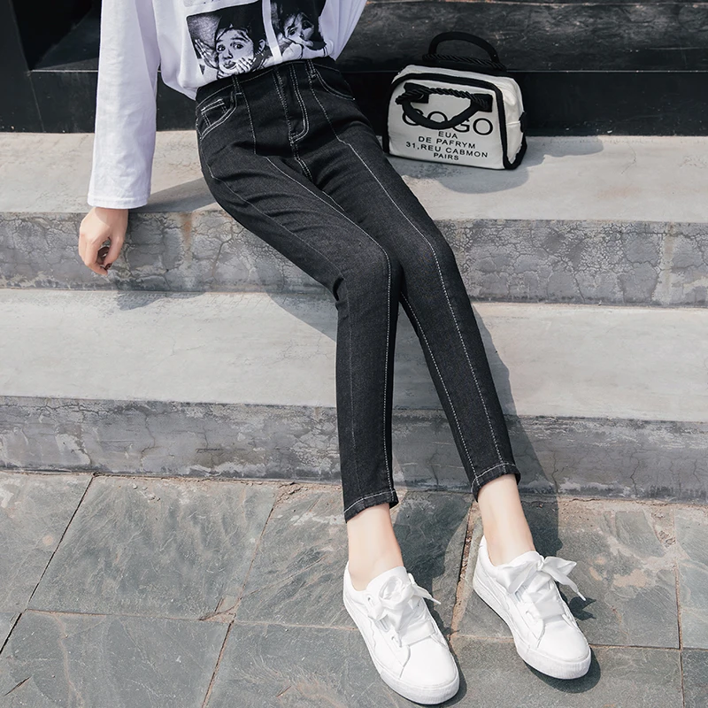 High waist jeans women spring and autumn new Korean version of the slim slim feet pants black elastic waist pencil pants