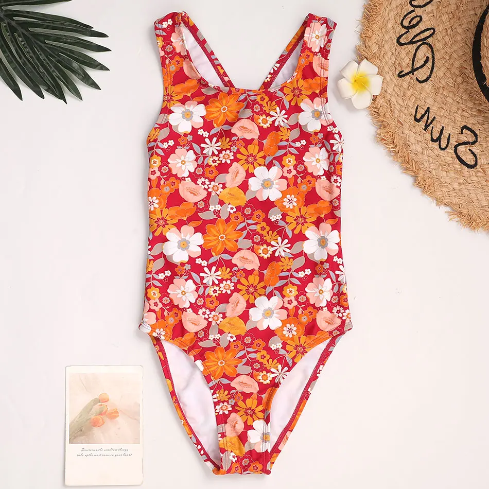 Floral Girls One Piece Swimsuit Kids 7-16 Years Retro Vintage Children's Swimwear Striped Girls Bathing Suit Monokini Cross Back
