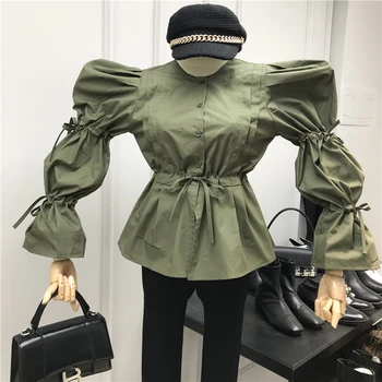 

Woman Blouse 2020 Spring New Drawstring High Waist Lace-up Shirt Female Puff Sleeve Slim-Fit Tops and Blouses