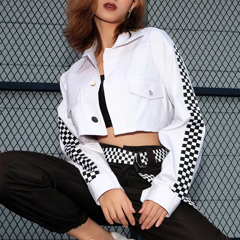 Most effective  Rockmore White Long Sleeve Plaid Jacket Women Checkered Crop Jackets Basic Button Pocket Turn-down 