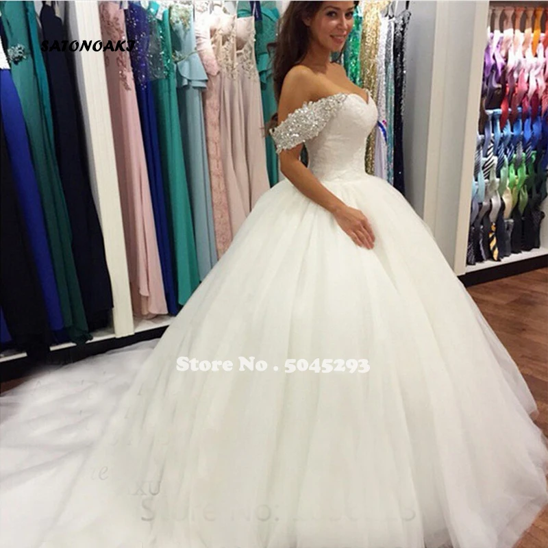 SATONOAKI Vestido De Noiva новое белое свадебное платье с бусинами и кристаллами для невесты, бальное платье с открытыми плечами