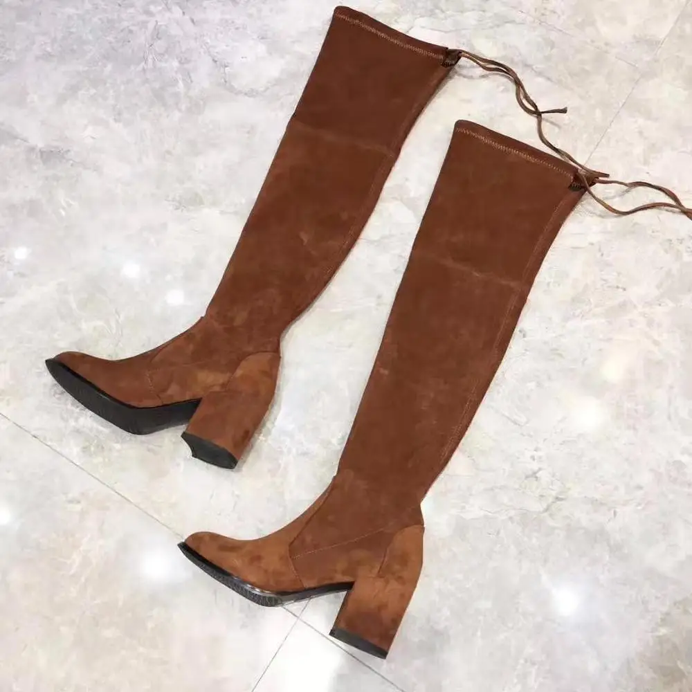 brown 7.5cm heel Пикантные эластичные высокие сапоги до бедра женские черные замшевые туфли на плоской подошве с круглым носком на высоком каблуке 2,5 см 7,5 см женские пикантные ботфорты - Цвет: brown 7.5cm heel
