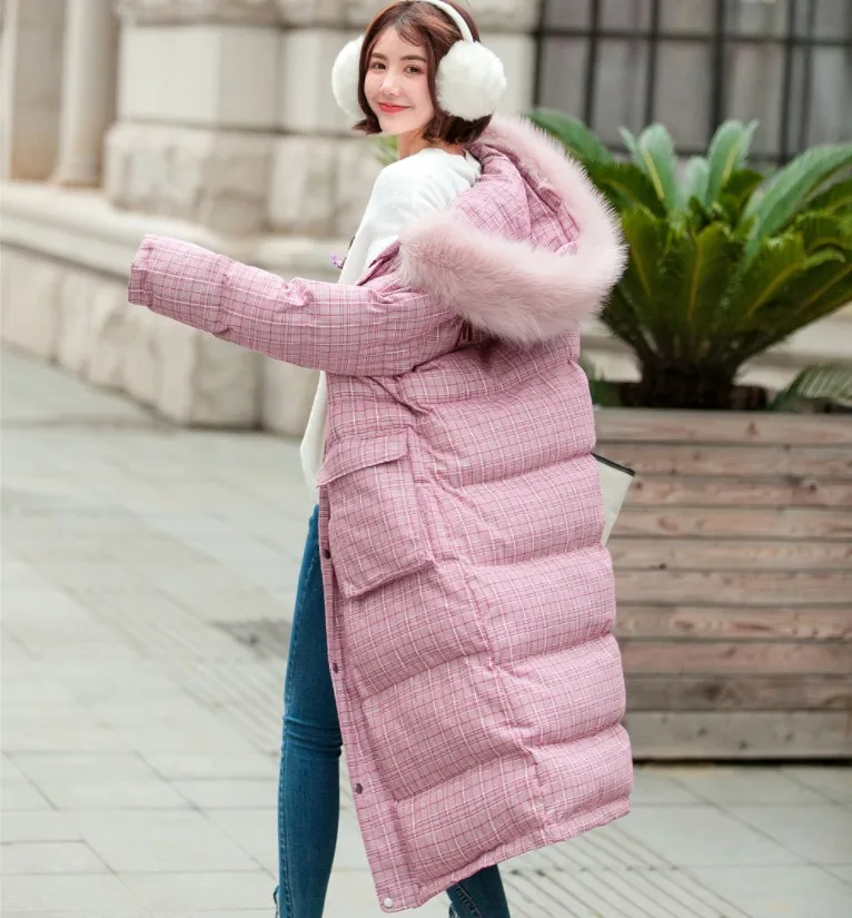 

Korean-style Fall And Winter Clothes Simple Thick Back Embroidered Letters Large Fur Collar Hooded Versatile Plaid Cotton-padded