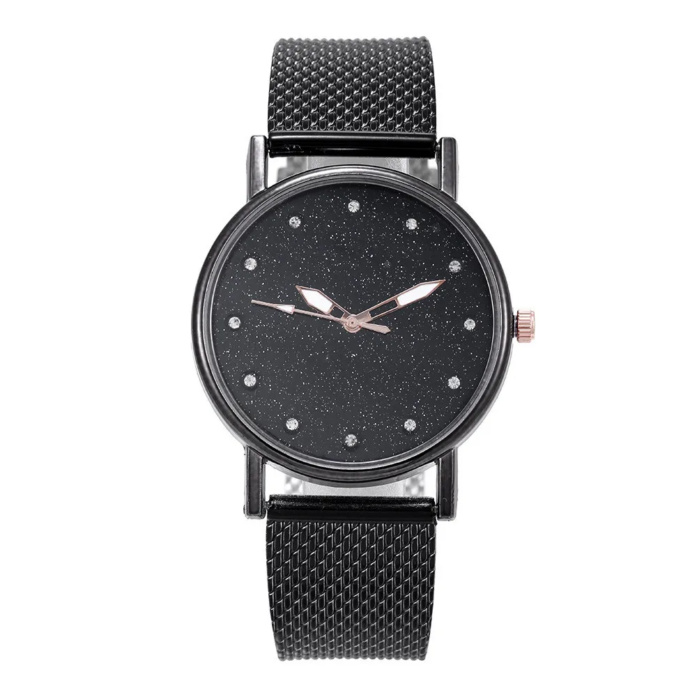 

New Round Plastic Case Luxury Inlay Diamond Sky Starry Dial Quartz Mesh Silicone Band Ladies Watch Sport Watch Women Clock