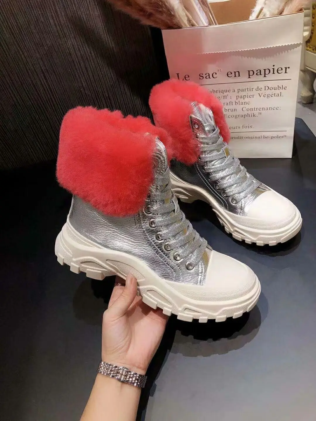 Winter New Wool Vulcanized Women's Boots Genuine Leather Platform Lace Casual Short Boots Fashion Comfortable Warm Cotton Shoes