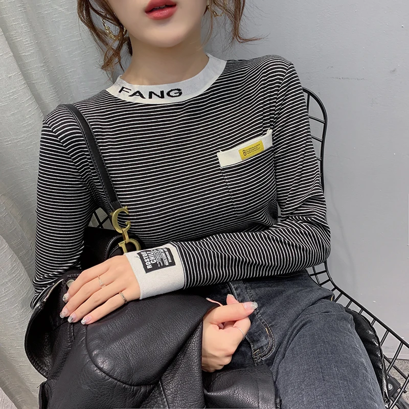 Black no fleece Осенне-зимняя женская футболка в полоску с вышитыми буквами, эластичные плотные топы, флисовая футболка с длинным рукавом, T9N395 - Цвет: Black no fleece