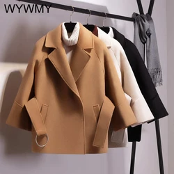 Wywmy outono inverno moda feminina casaco de lã estudante jaqueta curta elegante camelo manga longa grosso quente curto casacos misturas lã