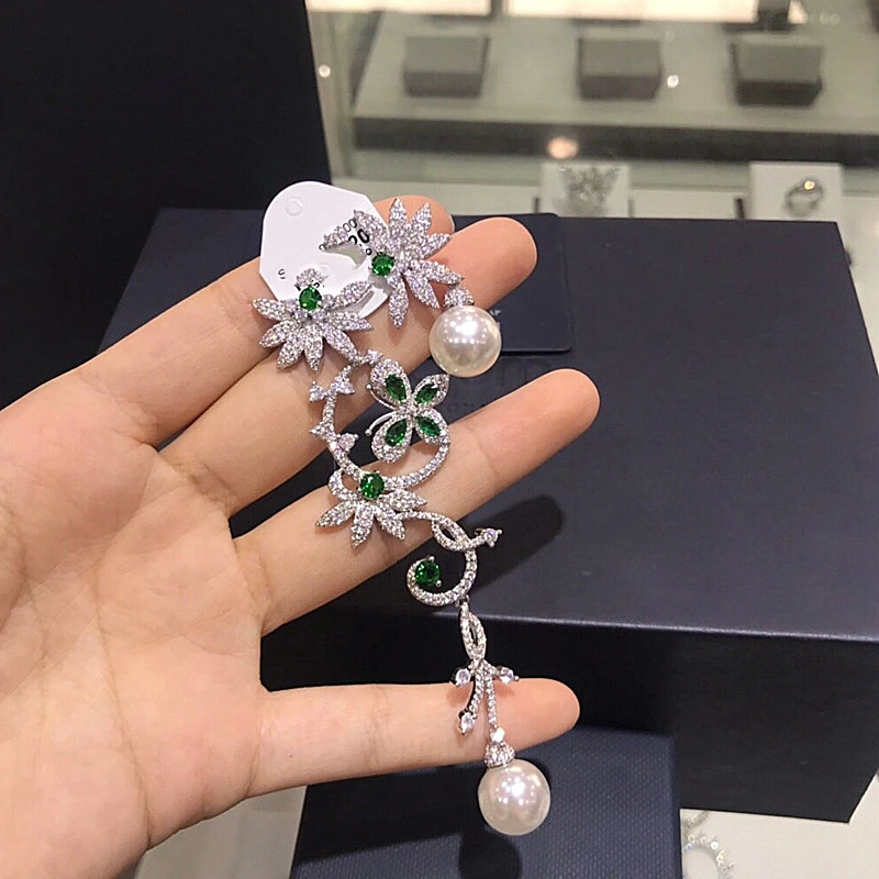 Серьги гвоздики S925 с пресноводным жемчугом и бабочкой Длинные ассиметричные