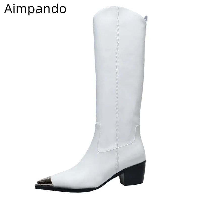 

Riding Boots Woman Metal Point Toe Slim Mid-Calf Low Square Heel Outside Footwear Solid Genuine Leather 2022 New Boots Woman
