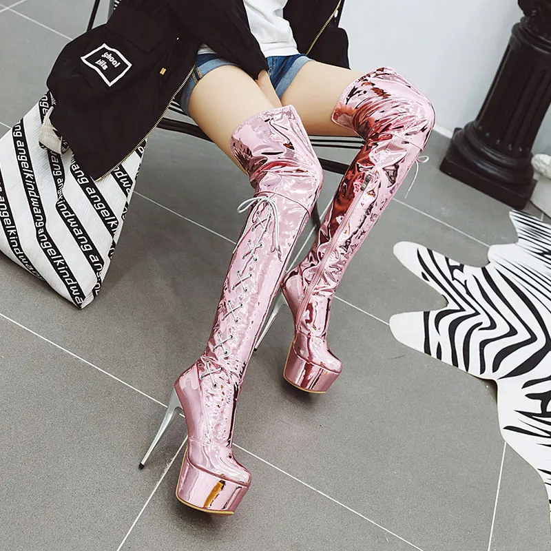Lasyarrow/женские сапоги до бедра на очень высоком каблуке-шпильке для ночного клуба и танцев; женские блестящие Серебристые Сапоги выше колена на платформе